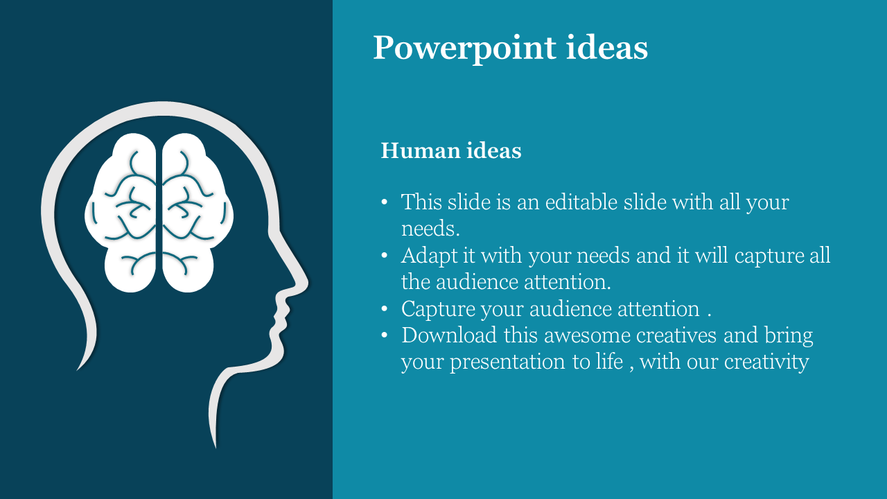 Silhouette of a human head with a brain illustration on the left, and text content on the right, set on blue teal layout.