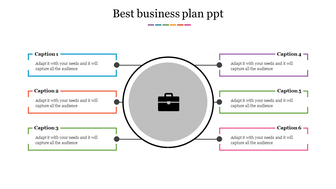 Circular layout with a briefcase icon in the center and six captions branching out in colorful frames for business planning.