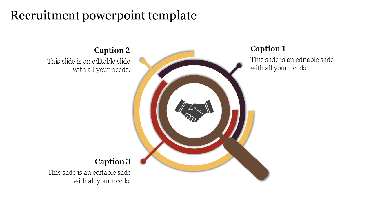 Business recruitment slide with a magnifying glass and handshake graphic, surrounded by rings and three caption areas.