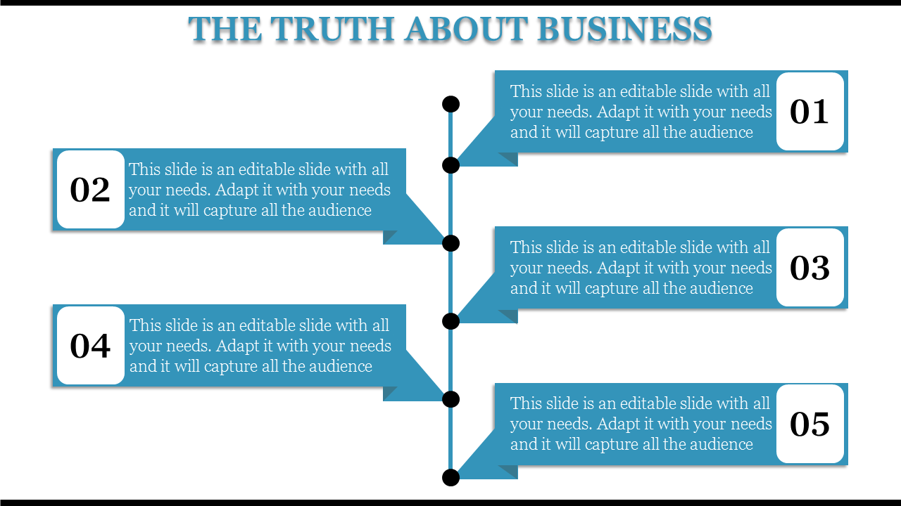 Business slide with five numbered blue text boxes aligned on a vertical line with black dots as connectors.