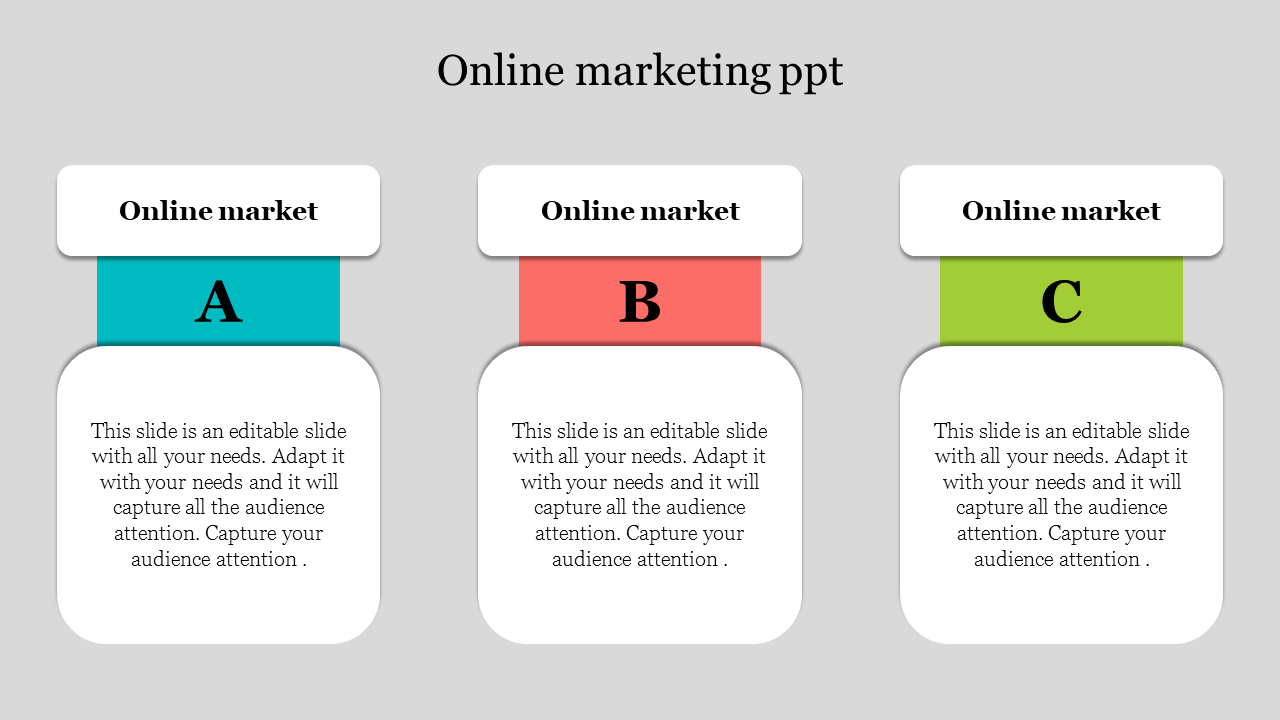 Online marketing slide with three sections labeled A, B, and C in blue, red, and green with text boxes.