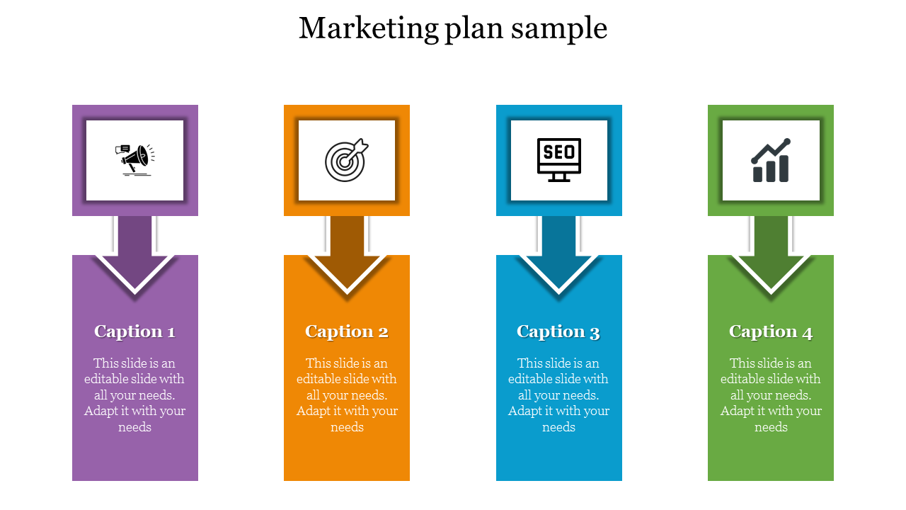 Four step marketing plan design with icons in purple, orange, blue, and green squares and captions below.