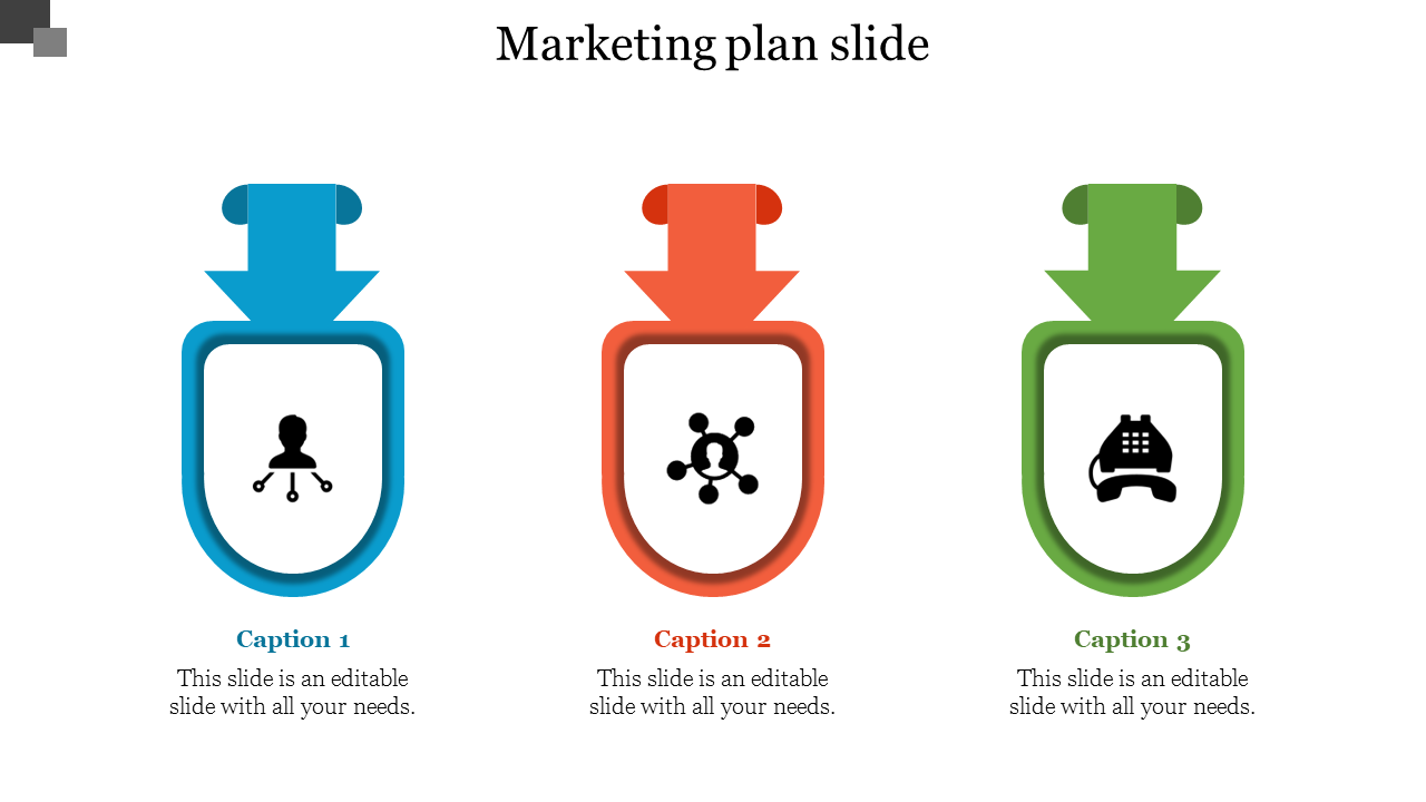 Marketing plan slide with three arrows in blue, red, and green with icons for networking, connection, and communication.