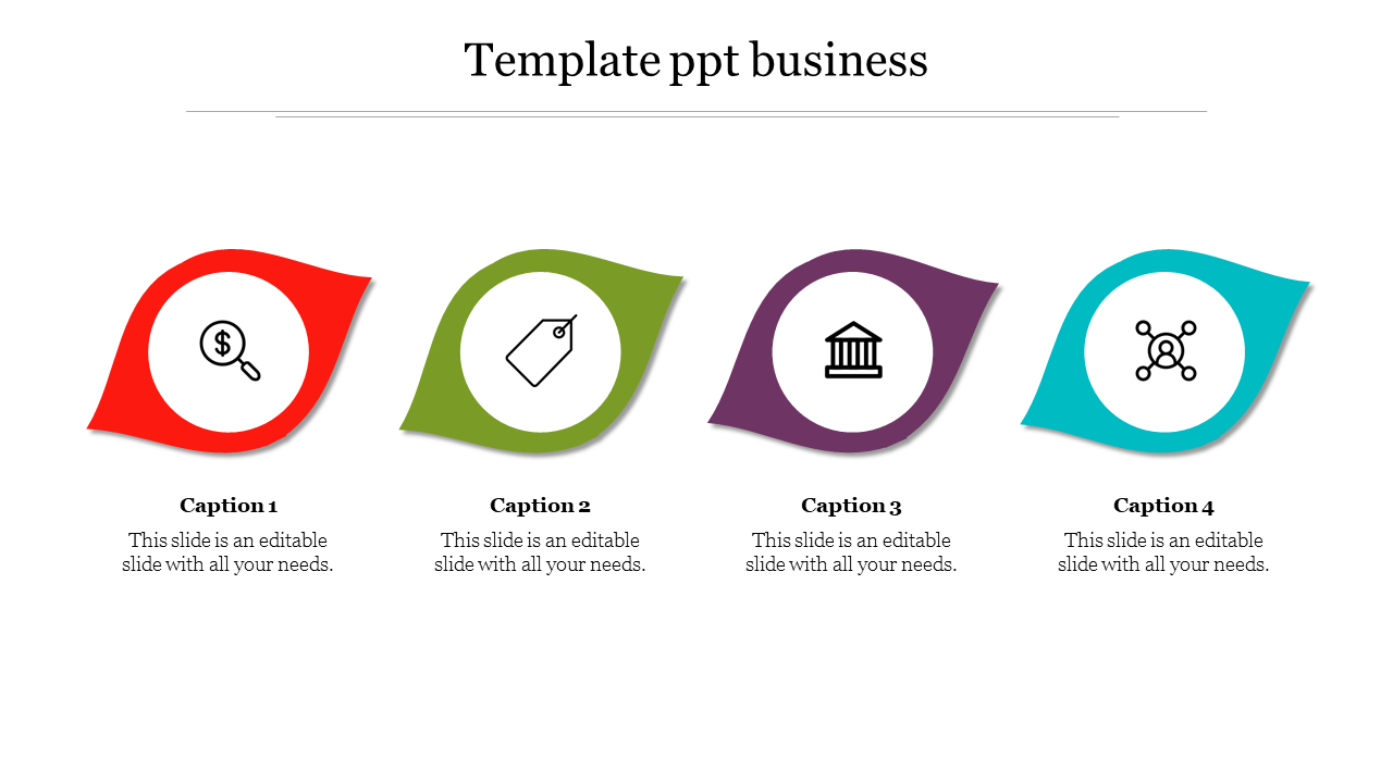 Business PowerPoint template with four colored sections, each containing an icon representing key aspects.