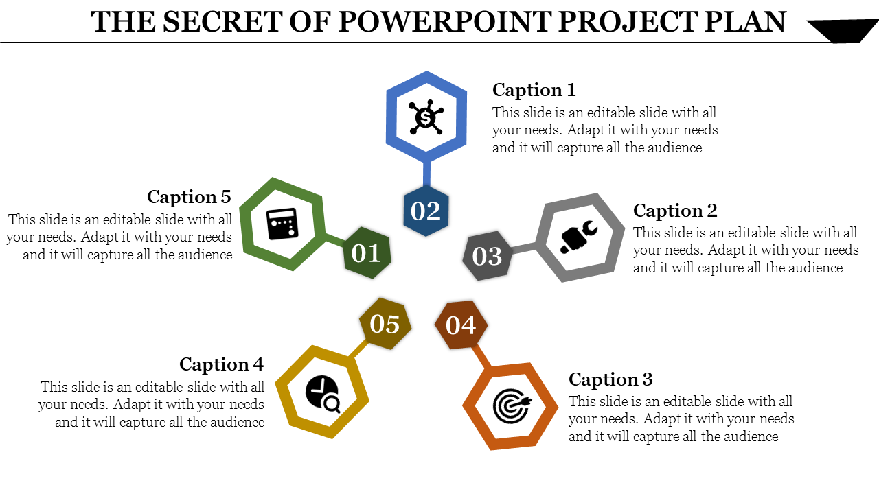 Hexagon shaped infographic with five color coded steps connected to a central icon, labeled captions 01 to 05.
