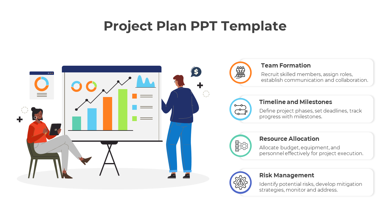 Slide with a large screen showing colorful graphs and charts, two illustrated figures, and four project plans on the right.
