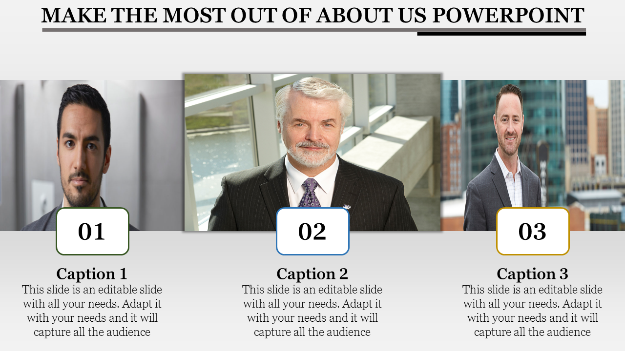 About Us slide featuring three professional team member photos with numbered captions 01, 02, and 03 under each image.
