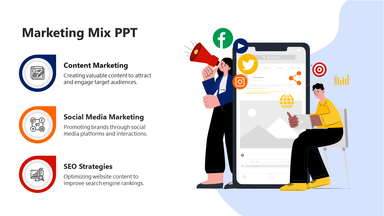 Vertical layout with three colorful circular icons and a mobile phone showing social media icons and two people interacting.