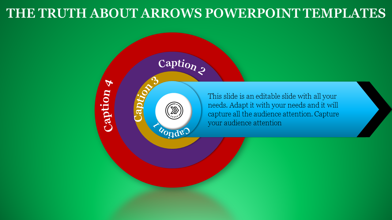 Business slide featuring a target-like design with concentric circles and a horizontal blue arrow for key details.