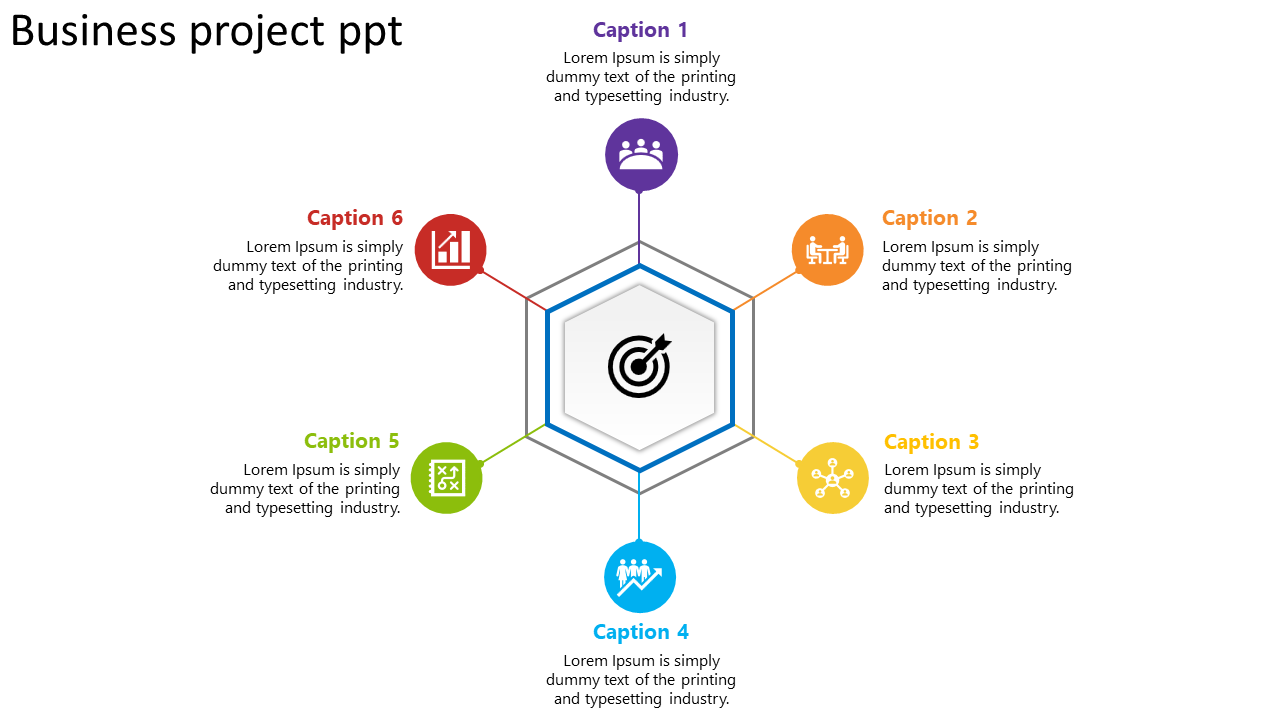 Hexagonal infographic with six colorful icons and captions surrounding a central target icon, on a white background.