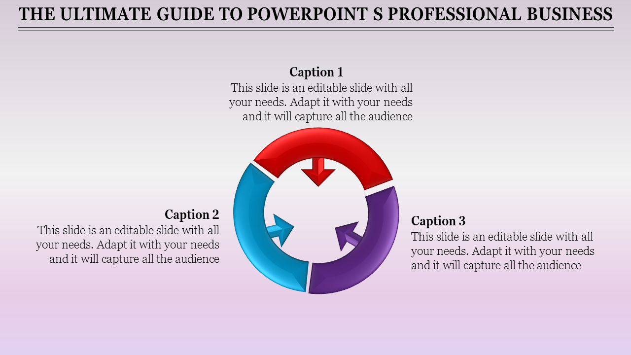 Circular three step diagram with arrows in red, blue, and purple, and captions on each side, over a gradient background.