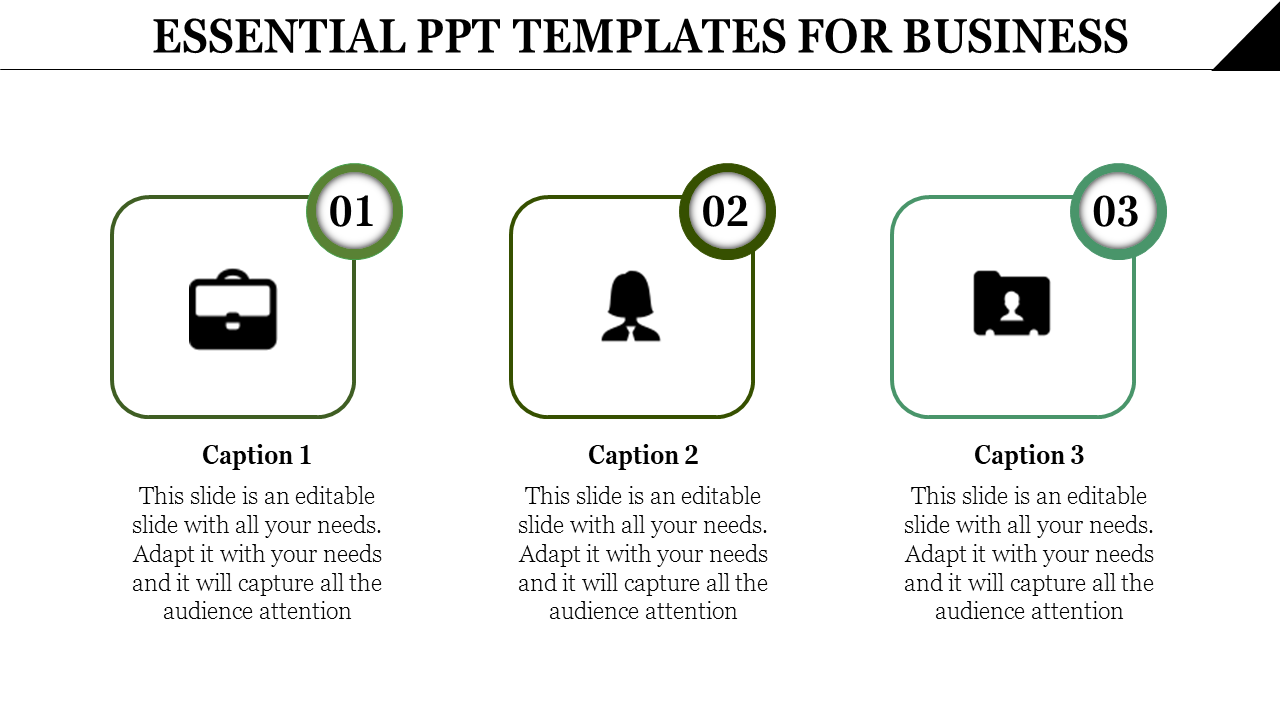 Business template slide with three icons representing a briefcase, business person, and ID card, each with caption areas.