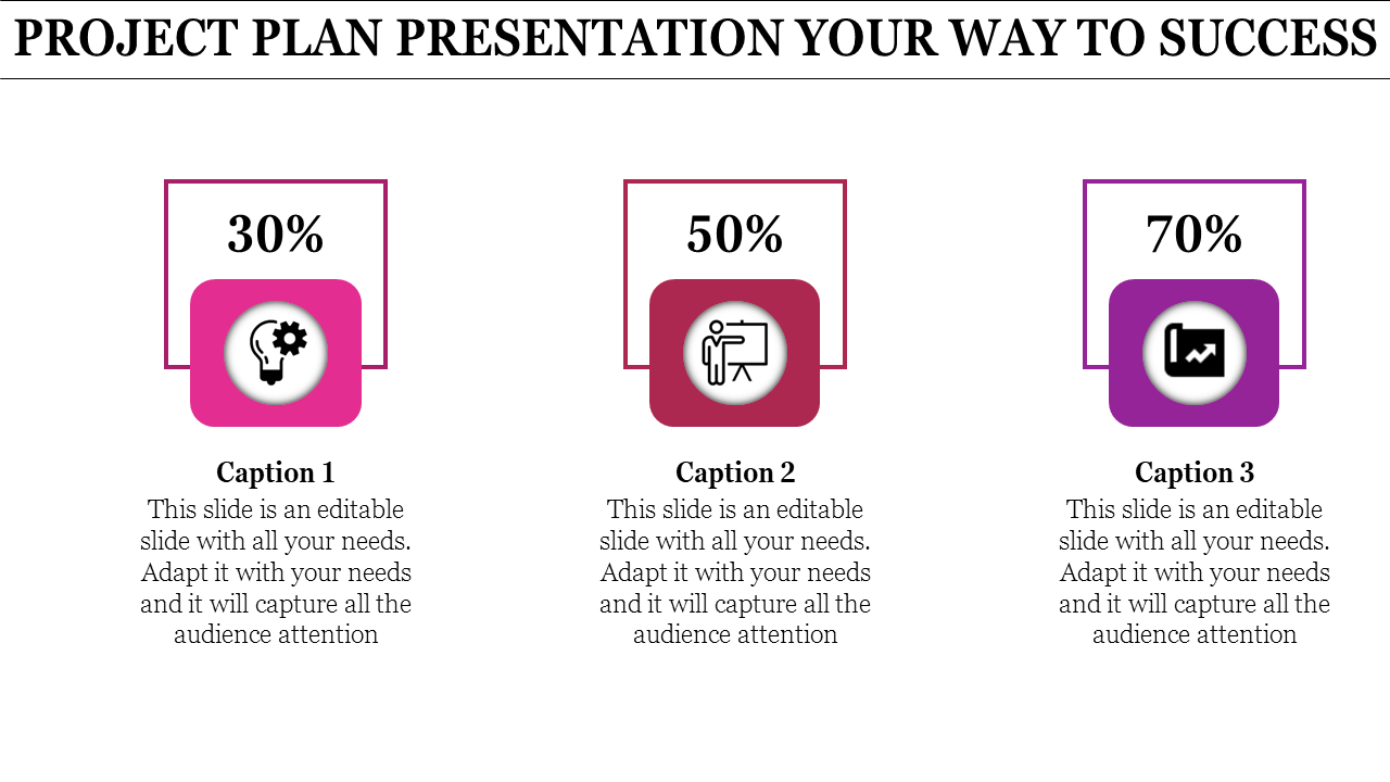 Horizontal layout with pink, brown, and purple squares showing icons, captions, and progress percentages for a project plan.