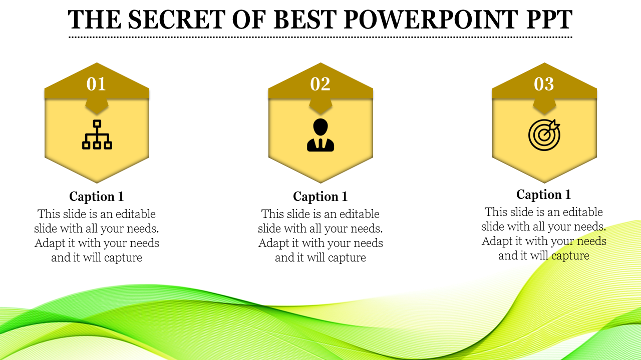 Slide with three golden hexagon shapes numbered 01, to 03, each containing icons, and green gradient waves below.