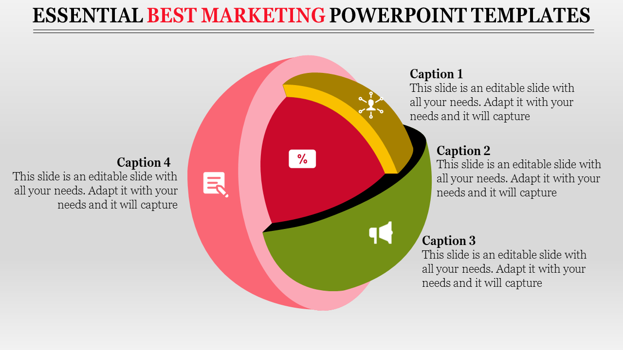 Infographic showing a multi-layered 3D pie chart with four segments, featuring captions and icons for marketing elements.