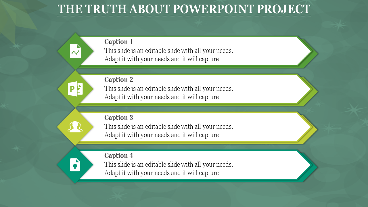 Project PPT template featuring four colorful arrows with captions and icons on a green theme.