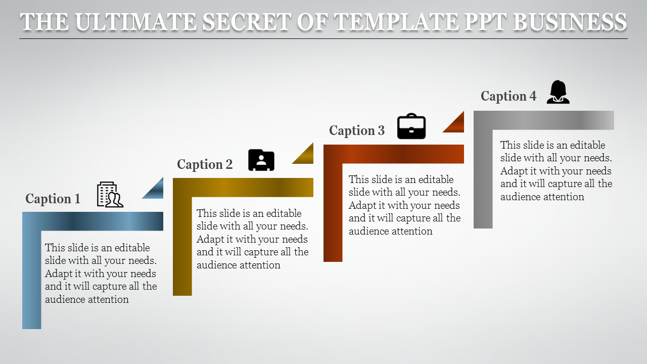 Slide showcasing captions, business icons, and a clean, modern design in blue, gold, red, and gray.