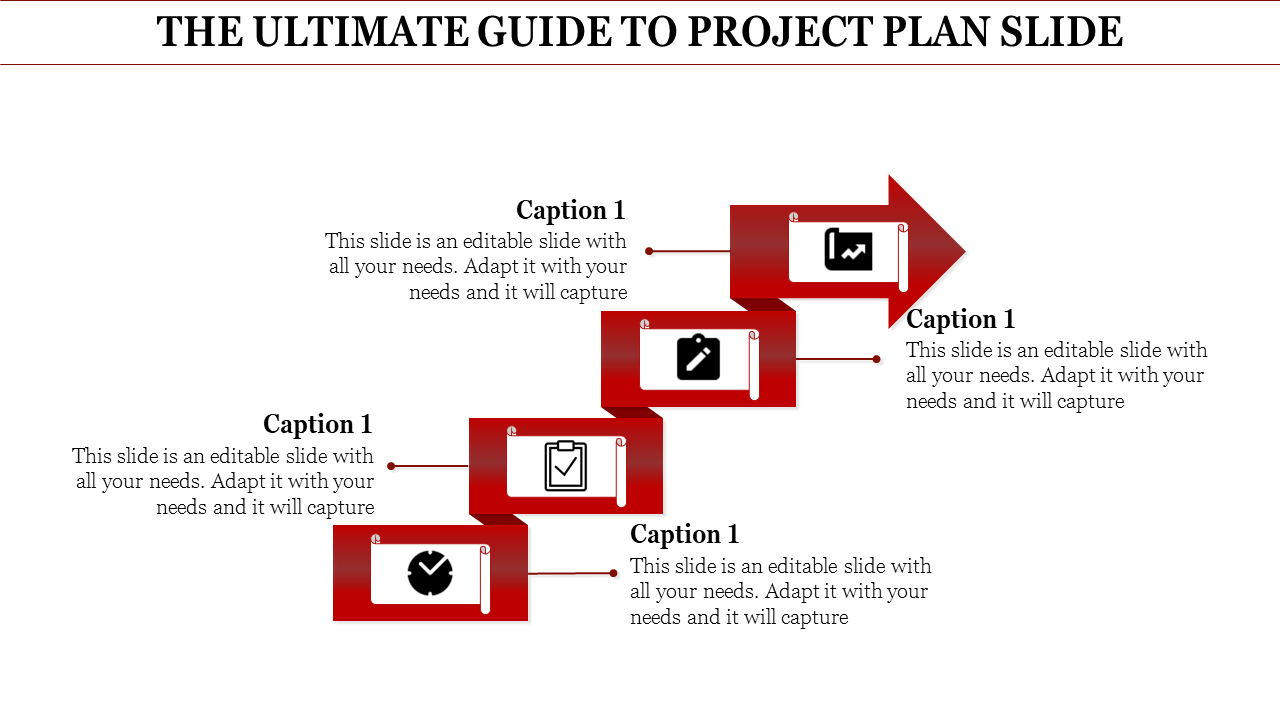 A step by step project plan slide with icons representing progress, strategy, scheduling, and project management.