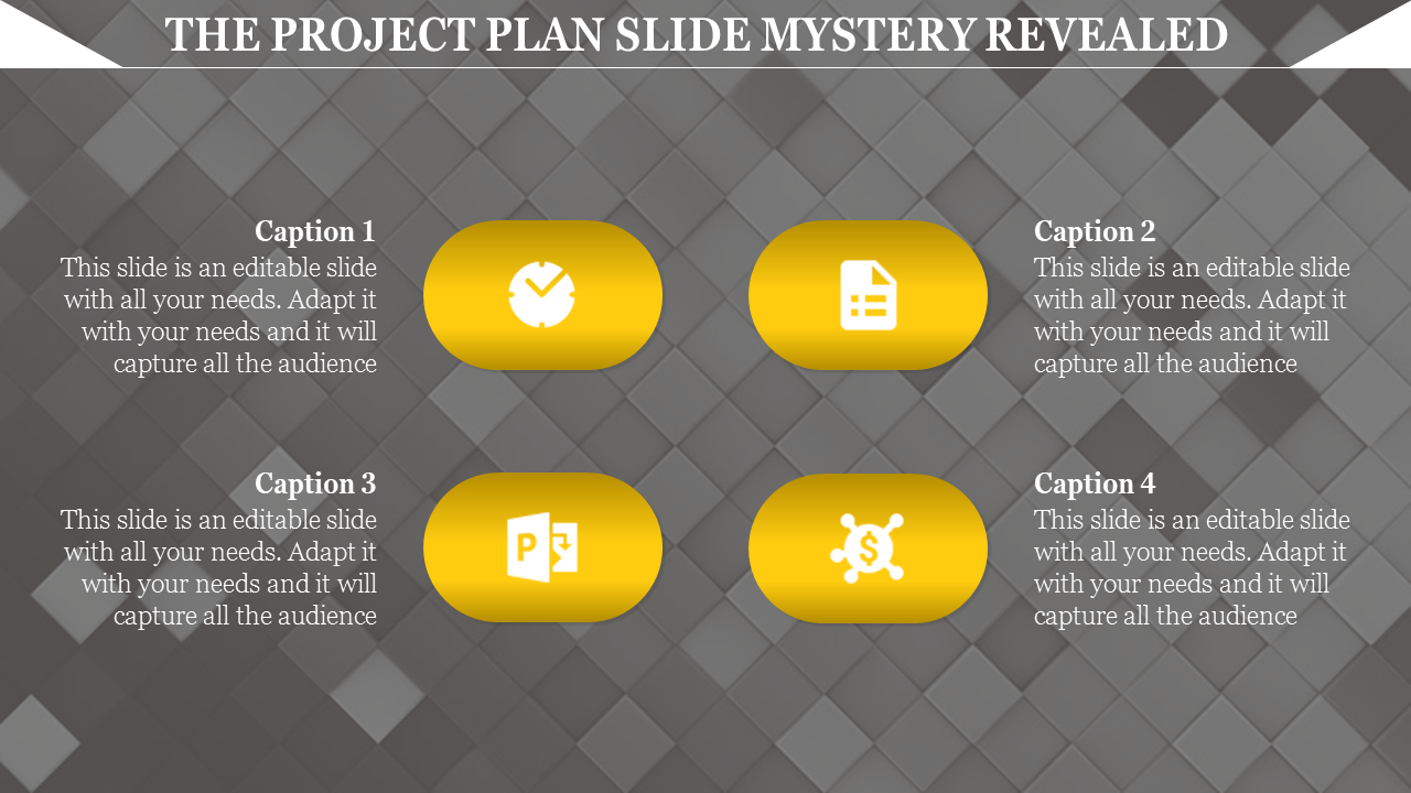 Four yellow oval buttons with white icons arranged in a grid layout against a gray diamond patterned background.