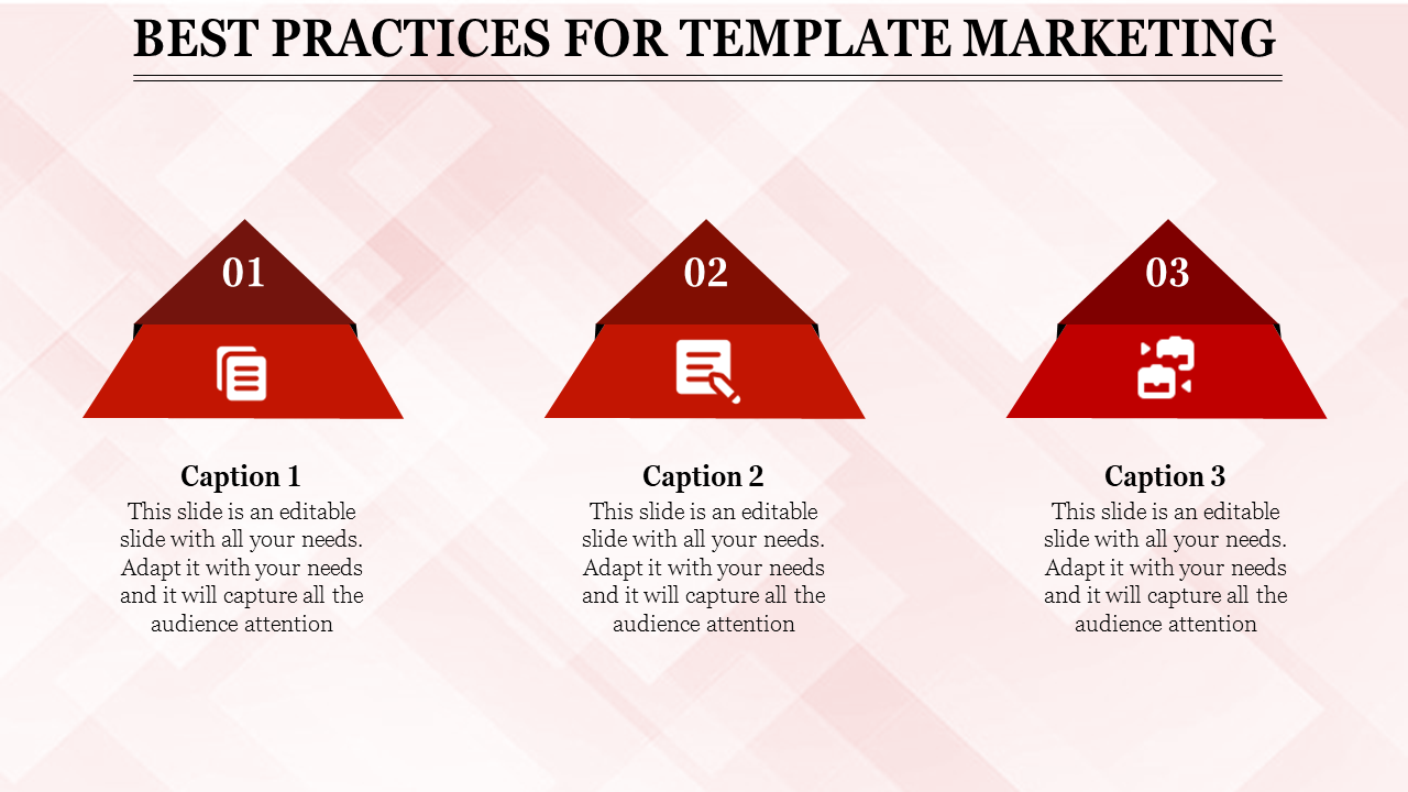 Marketing slide with three red triangles numbered 01, 02, and 03, featuring icons for text, writing, and video.