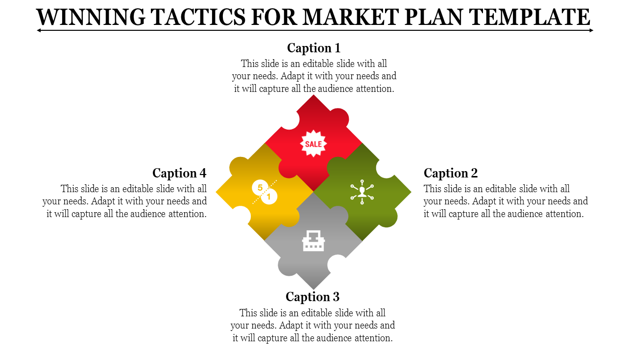 Visual market plan template featuring interconnected puzzle pieces with icons for sales, network, process, and checklist.