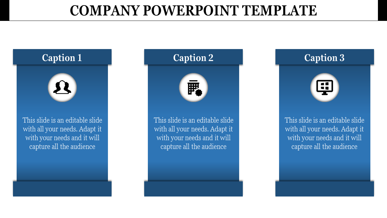 Company template with three vertical sections, each containing a unique icon and placeholder text areas.
