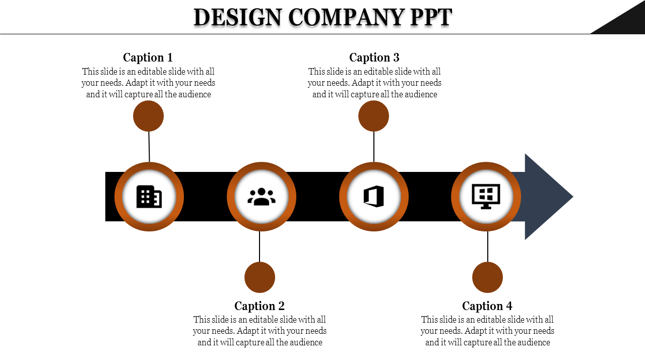 Design company timeline showing building, team, software logo, and computer screen icons connected by a horizontal arrow.