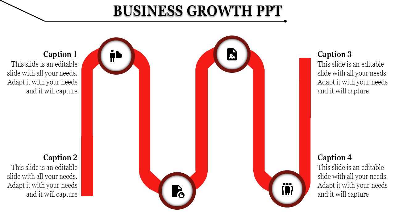 Business growth PowerPoint slide with four sections connected by a red path, each with an icon.