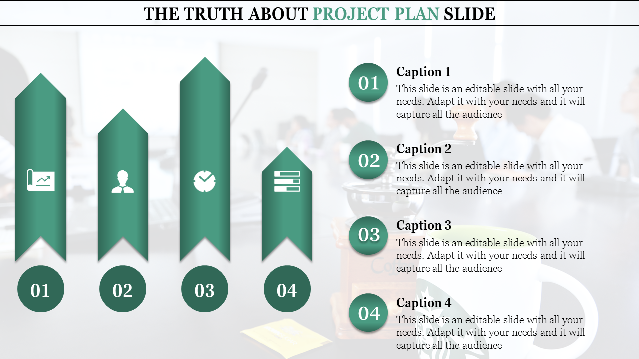 Project timeline with four upward arrows labeled 01 to 04, featuring icons for chart, person, clock, and database.