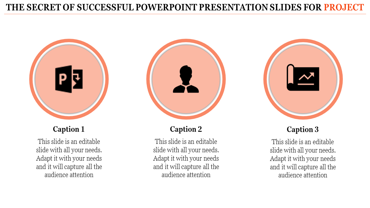 Project PowerPoint presentation slide with icons for PowerPoint, a person, and a graph with captions.