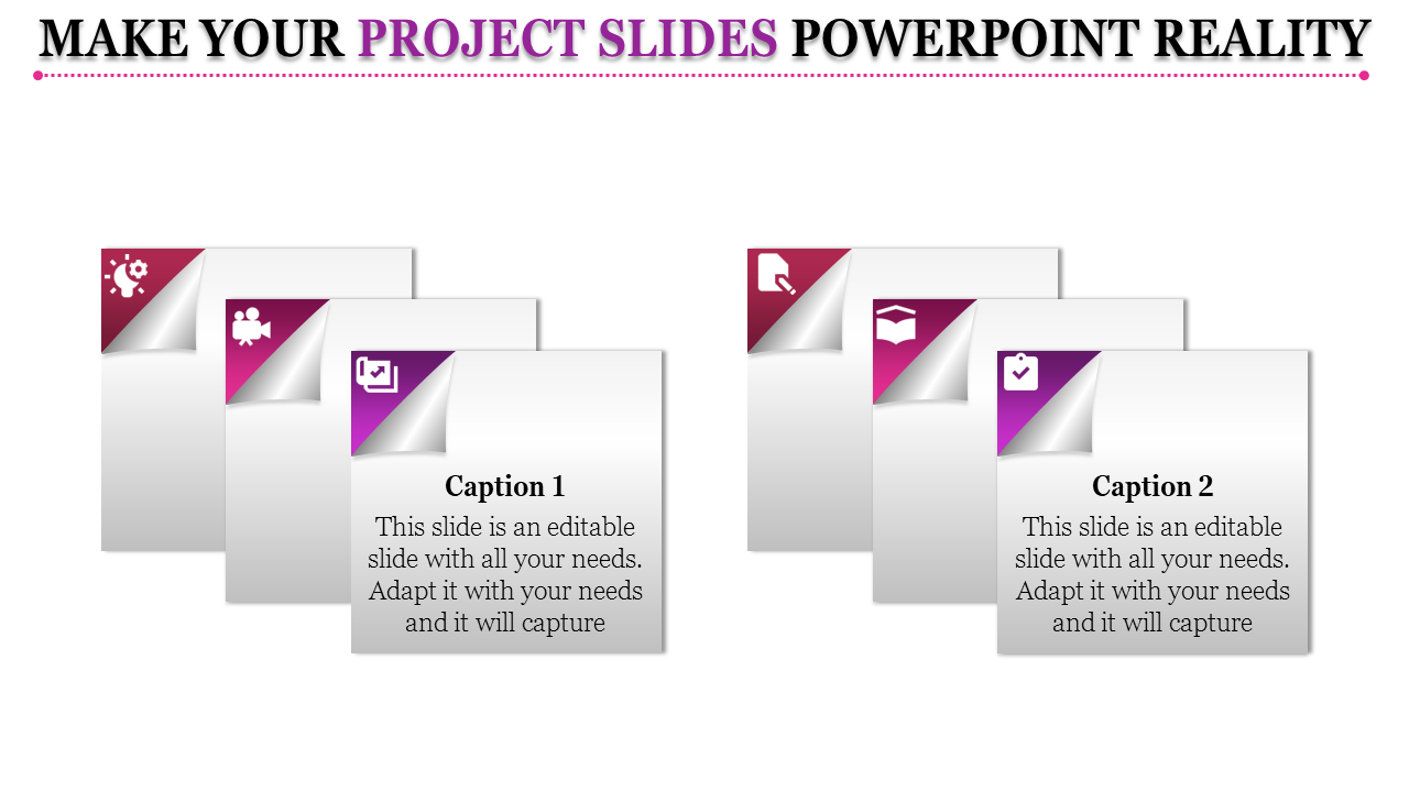Project slide template with layered cards featuring icons for tools, media, and educational elements in magenta corners.
