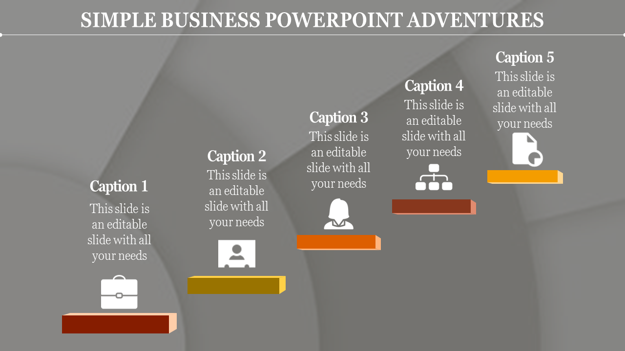 Business-themed visual with five captions, icons, and rising steps in shades of orange, brown, and yellow.