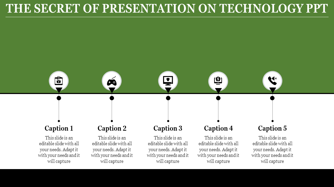 Green and white technology themed slide with five evenly spaced icons and captions below each icon.