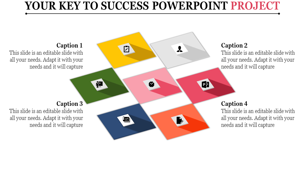 Colorful grid project layout featuring icons for presentation, checklist, and communication, with captions areas.