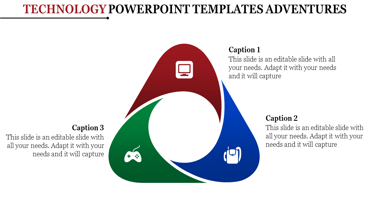 Technology themed triangle diagram featuring red, green, and blue sections with icons and placeholder text areas.