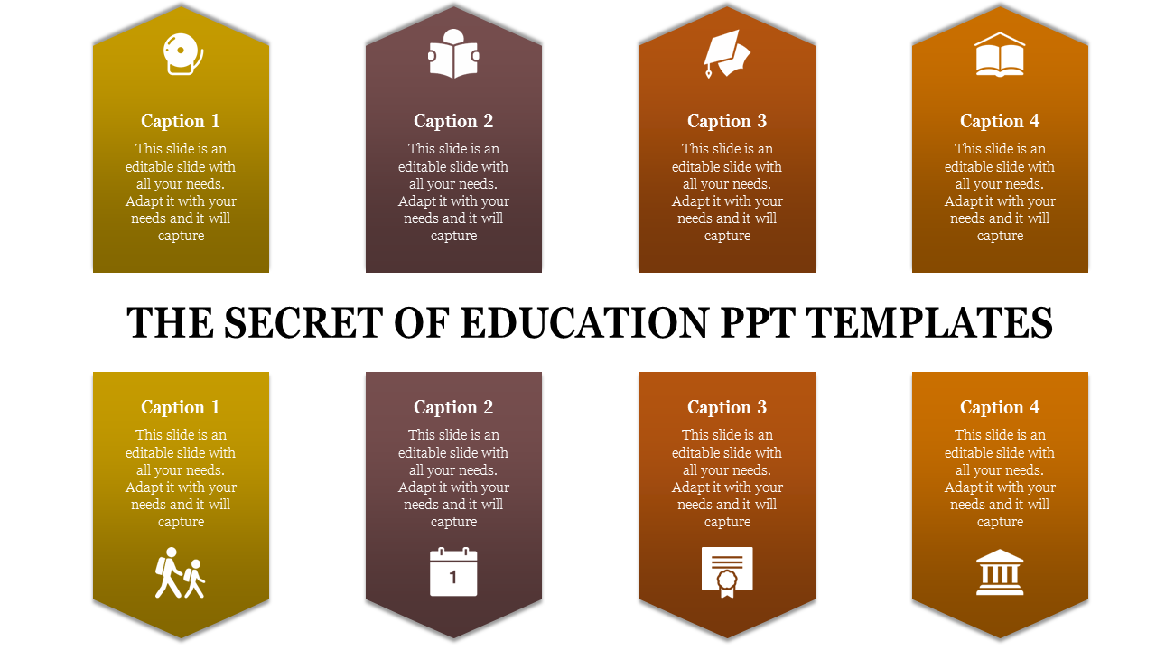 Education themed slide featuring various icons with placeholder text.