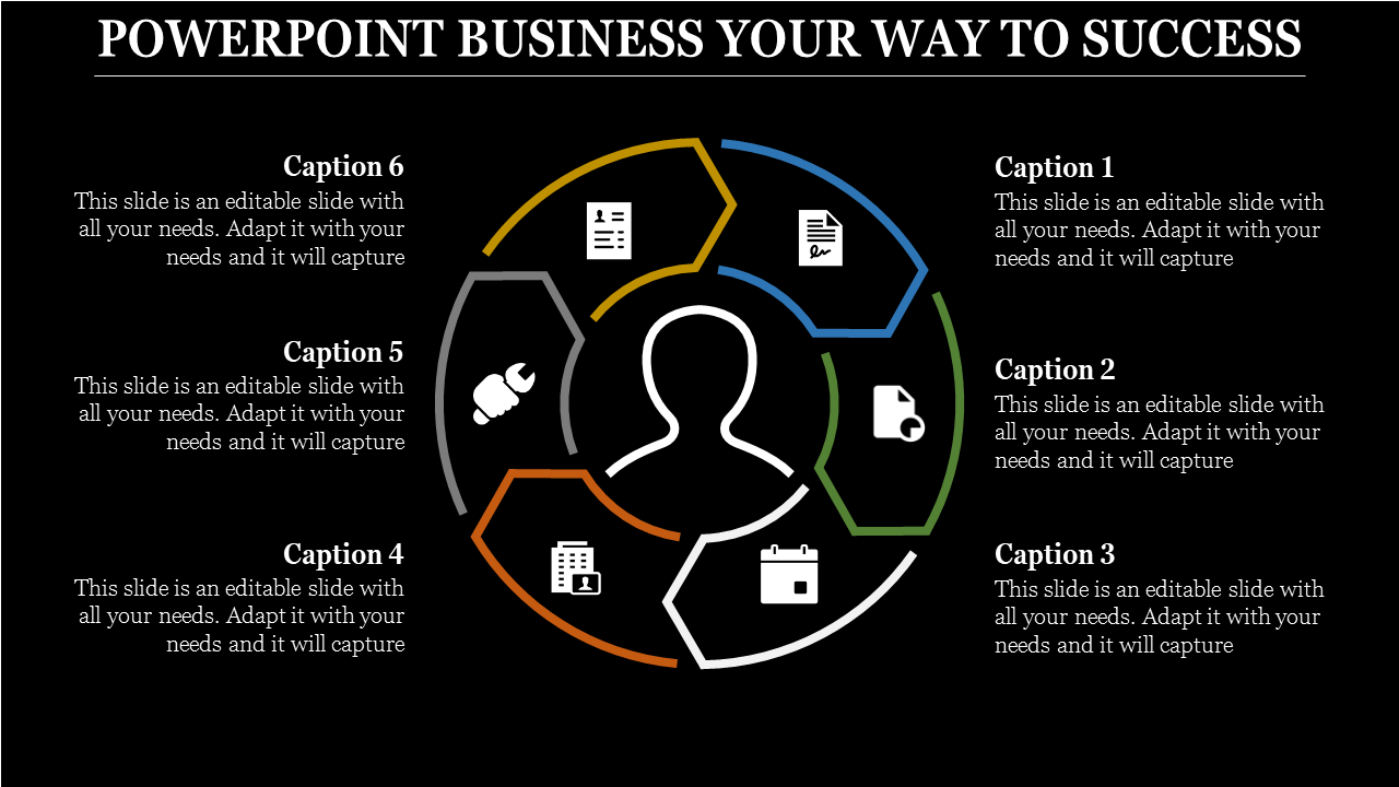 Six step circular business infographic with colorful sections, featuring icons and captions on a black background.