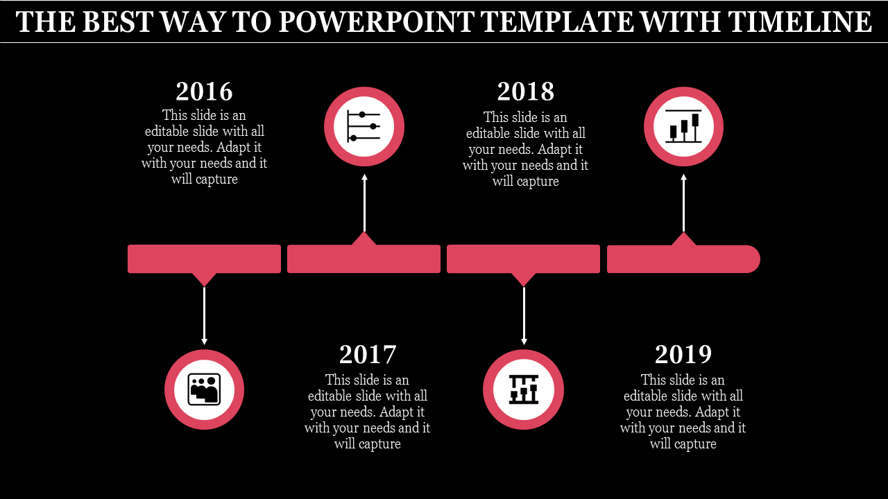 Horizontal red timeline with four years from 2016 to 2019, circular icons, and text descriptions on a black background.