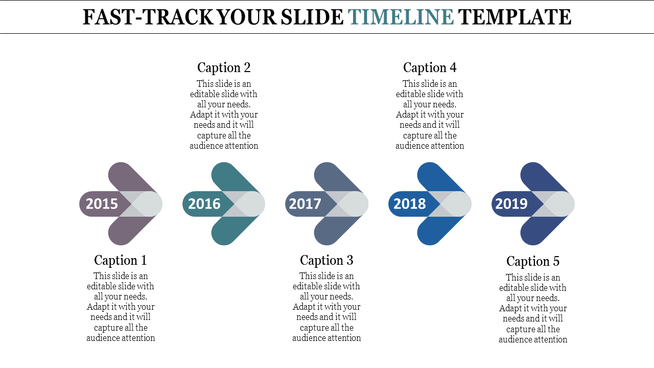 Timeline with five arrows labeled 2015 to 2019, in shades of blue and gray, paired with captions.