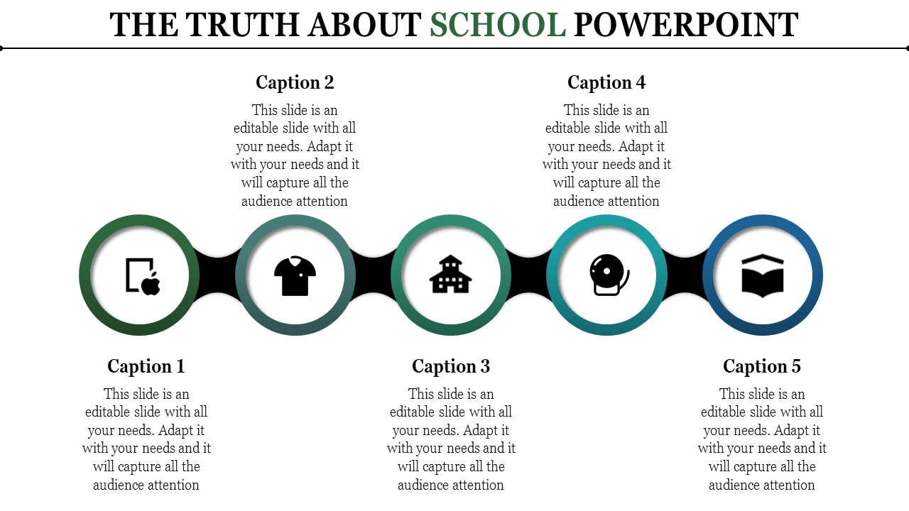 Horizontal infographic with five circular icons connected in a line, featuring school-related symbols.