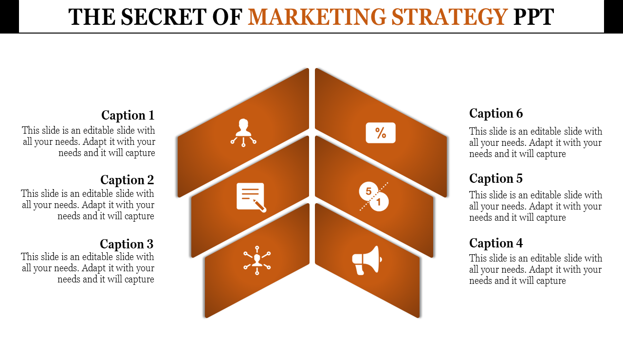 Marketing strategy PowerPoint template with six segments, each represented by an icon and captions.