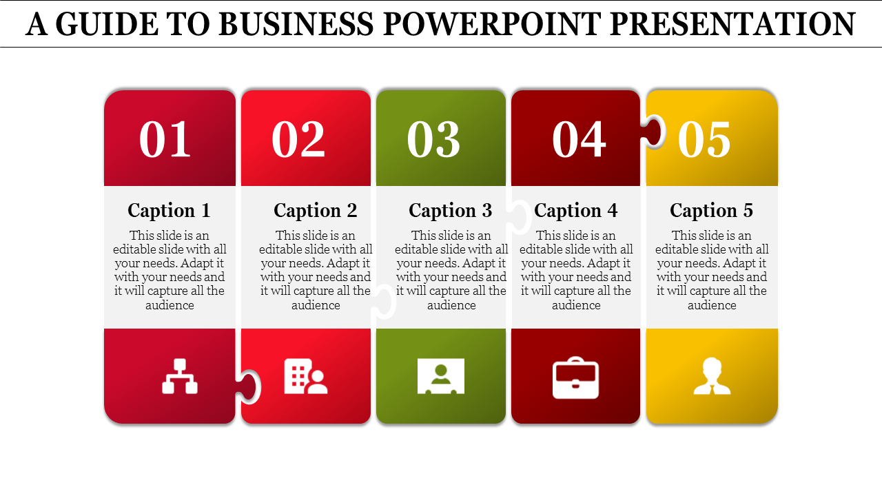 Five-segment puzzle infographic with numbers, captions, and icons in red, green, and yellow for a business presentation.