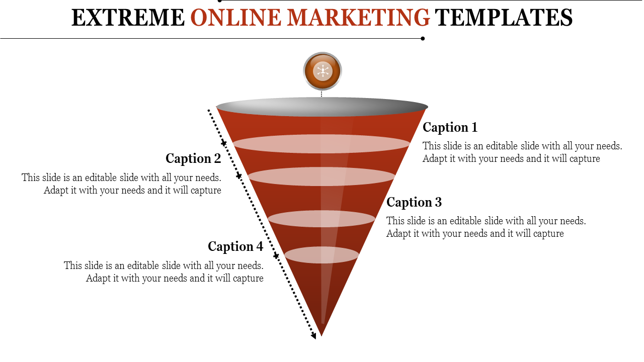 PowerPoint slide with a funnel diagram for online marketing, labeled with four Caption 4 around the funnel.