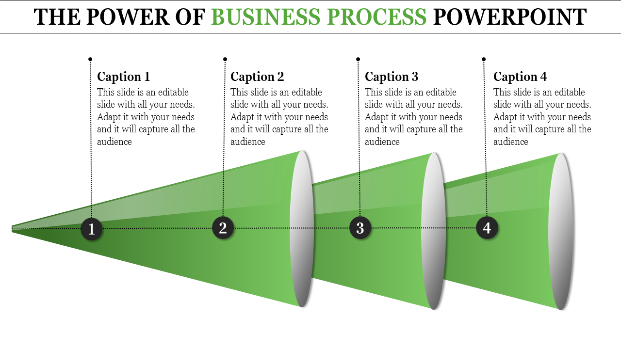 Business process PowerPoint slide showing four connected green cones with numbered steps and captions.