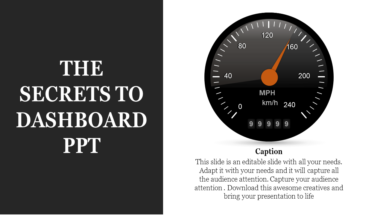 Creative dashboard template for PowerPoint with a speedometer showing adjustable metrics with caption.