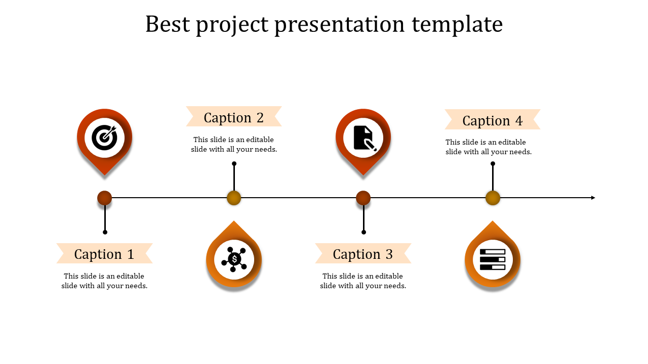 Project presentation template featuring icons for target, document, money, and data with placeholder text.