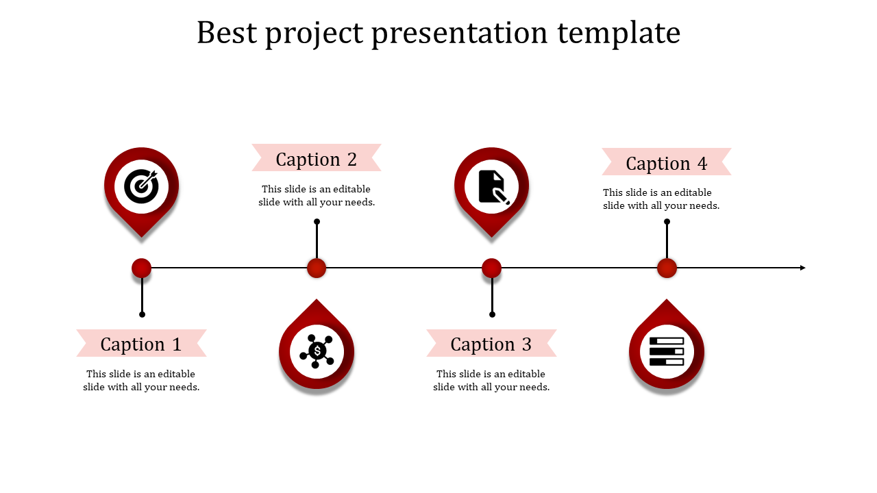 Project timeline featuring four red icons, each representing different concepts, with placeholders text areas.