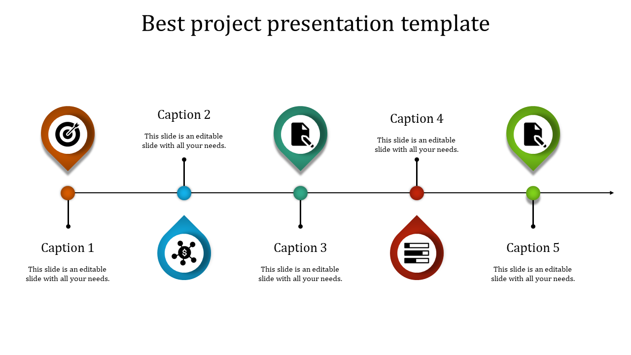 Project timeline slide with multicolored markers for goal setting, documentation, finance, and data management with captions.