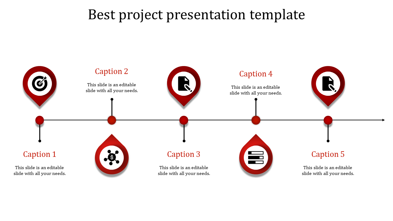 Horizontal layout with five red teardrop markers connected by a line, displaying icons and text in a clean design.