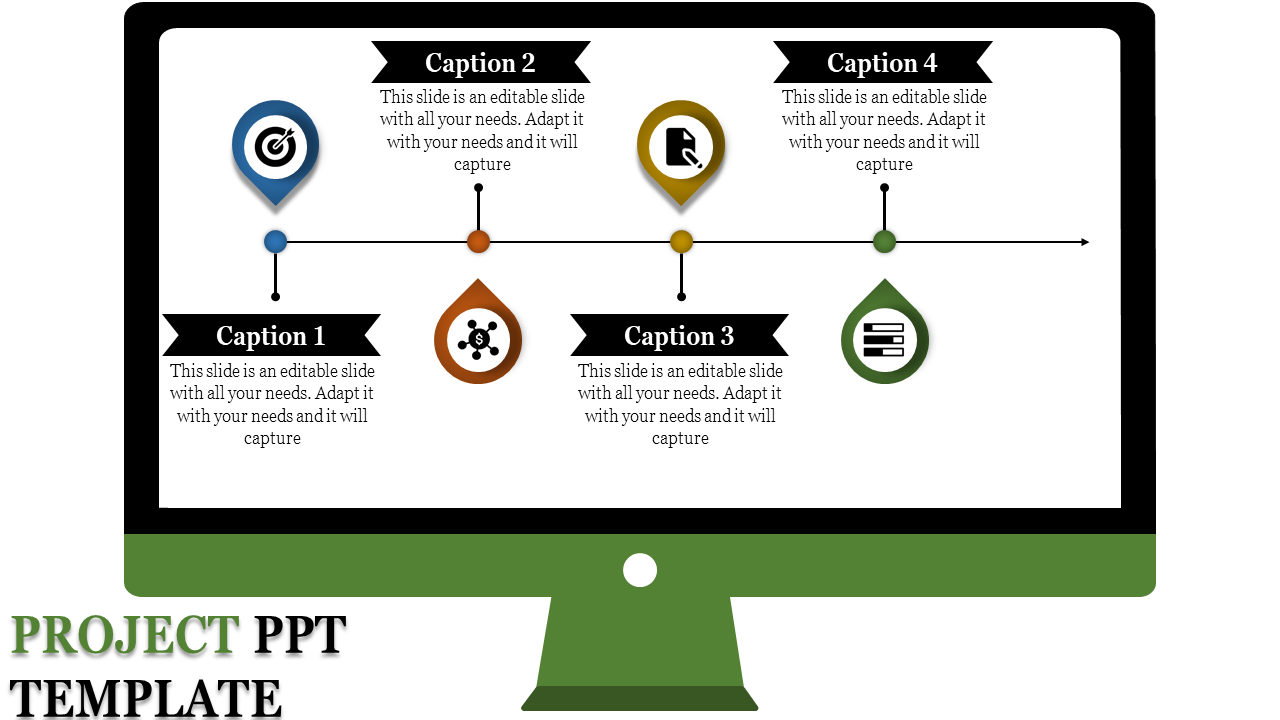 Horizontal timeline with four colored markers and captions, featuring icons like target, document, network, and database.